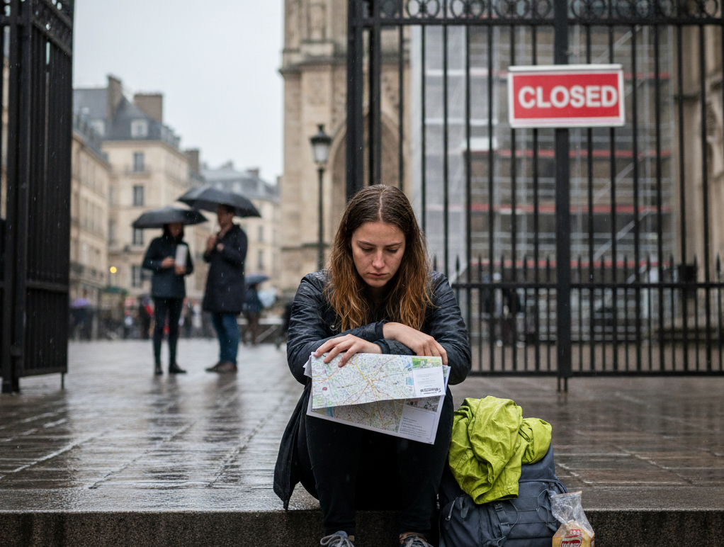 비 오는 날 닫힌 관광지 앞에서 지도를 들고 낙담한 여행자 - 준비 없는 여행의 위험성을 보여주는 이미지